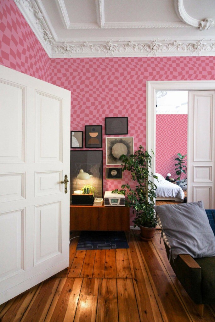 Mid-century modern luxury style living room and bedroom decorated with Pink trippy grid peel and stick wallpaper