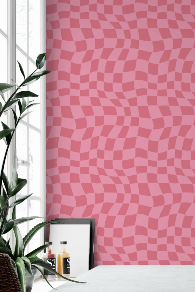 Minimal style home office decorated with Pink trippy grid peel and stick wallpaper