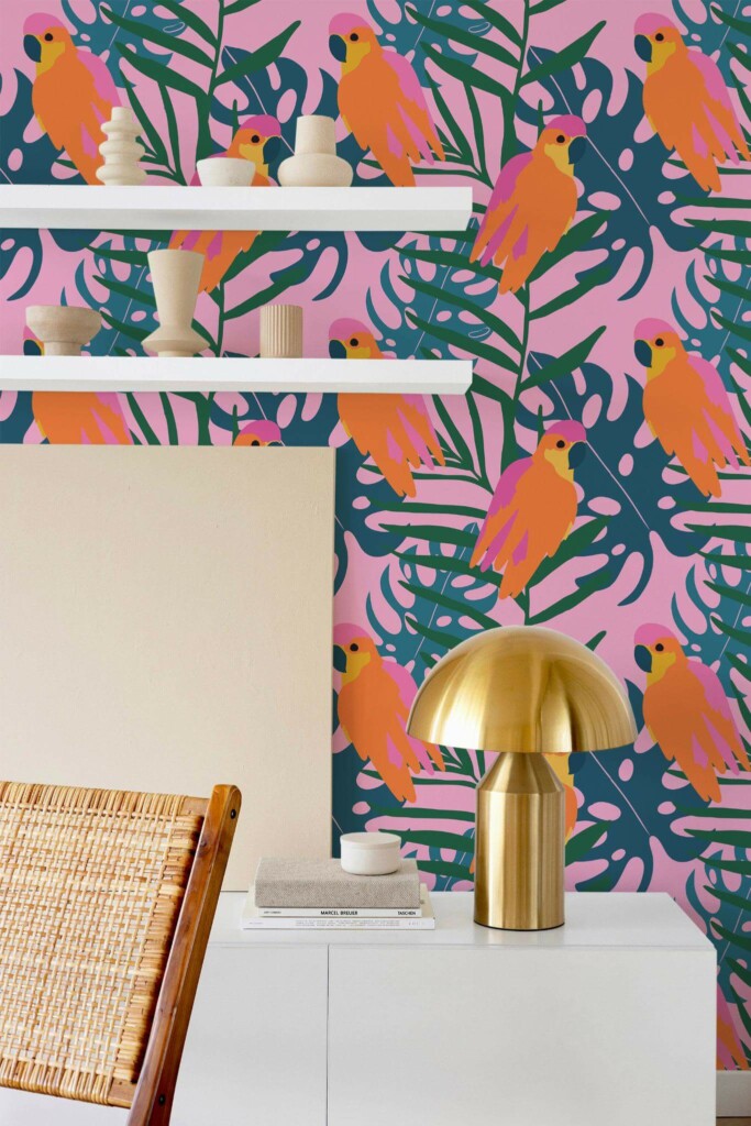 Modern style dining room decorated with Pink tropical peel and stick wallpaper