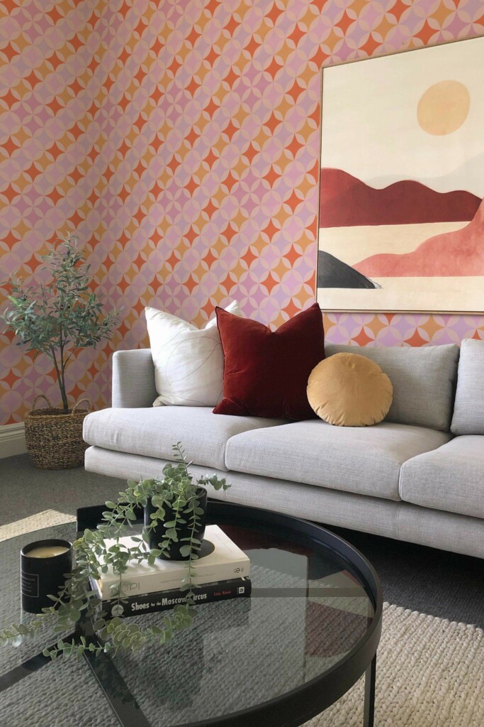 Boho style living room decorated with Pink vintage retro peel and stick wallpaper