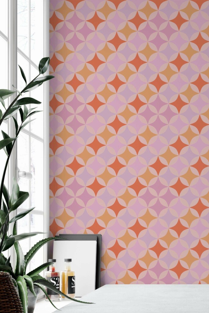 Minimal style home office decorated with Pink vintage retro peel and stick wallpaper