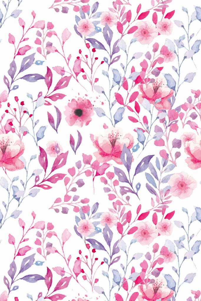 Pattern repeat of Pink watercolor floral removable wallpaper design