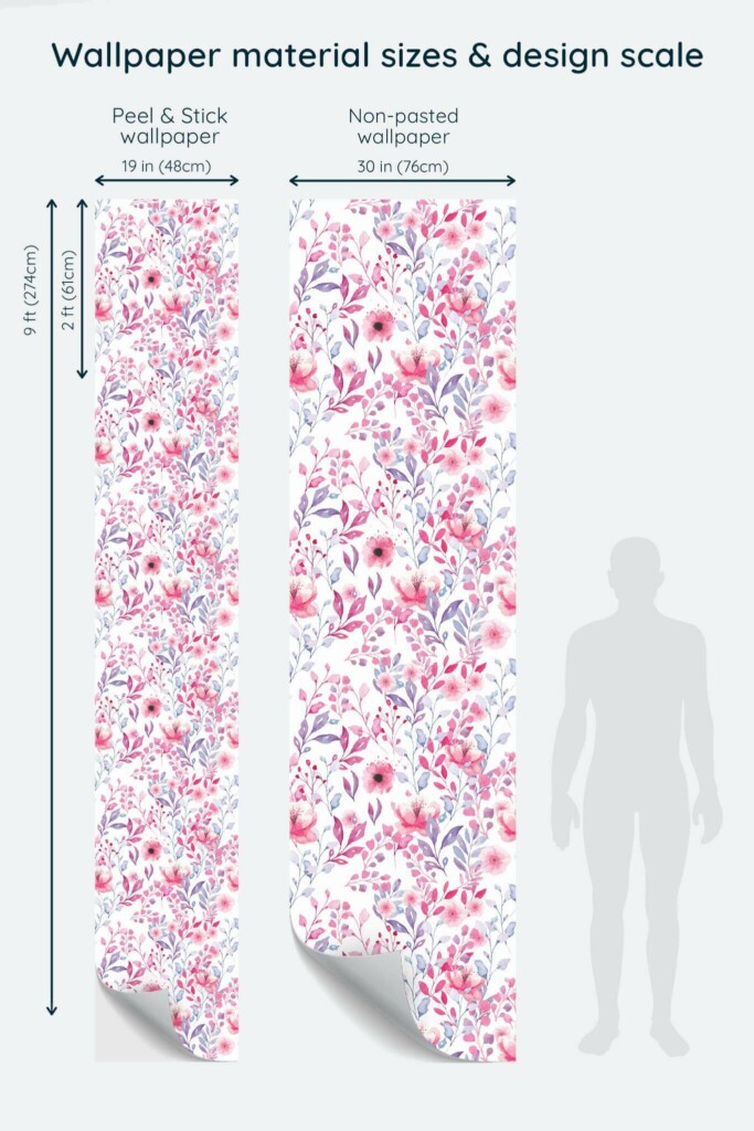 Size comparison of Pink watercolor floral Peel & Stick and Non-pasted wallpapers with design scale relative to human figure