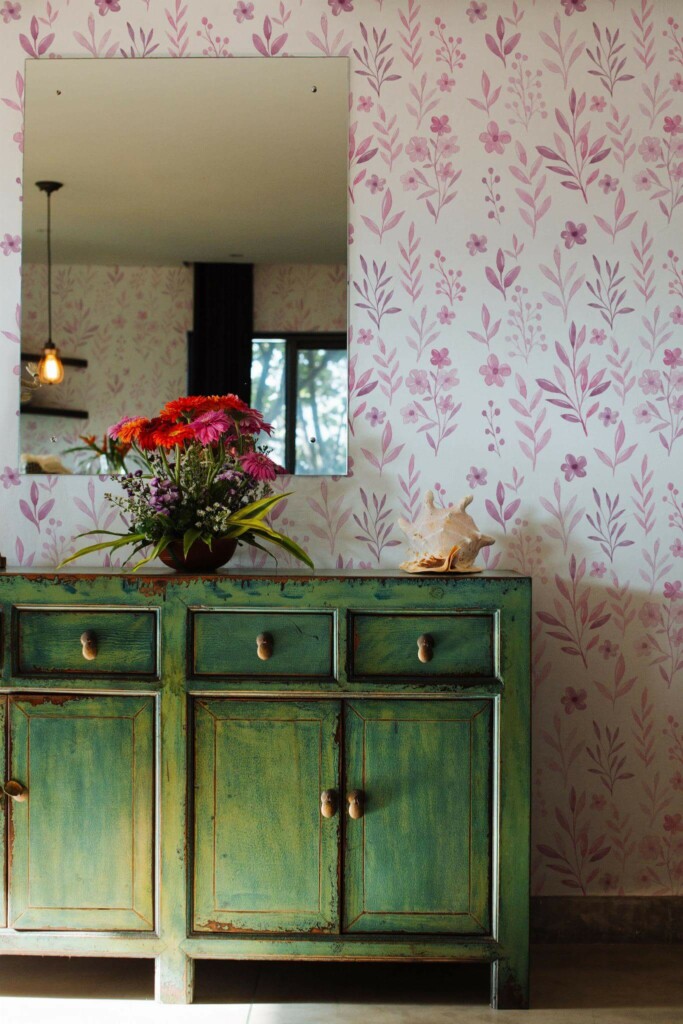 Industrial style living room decorated with Pink watercolor flowers peel and stick wallpaper