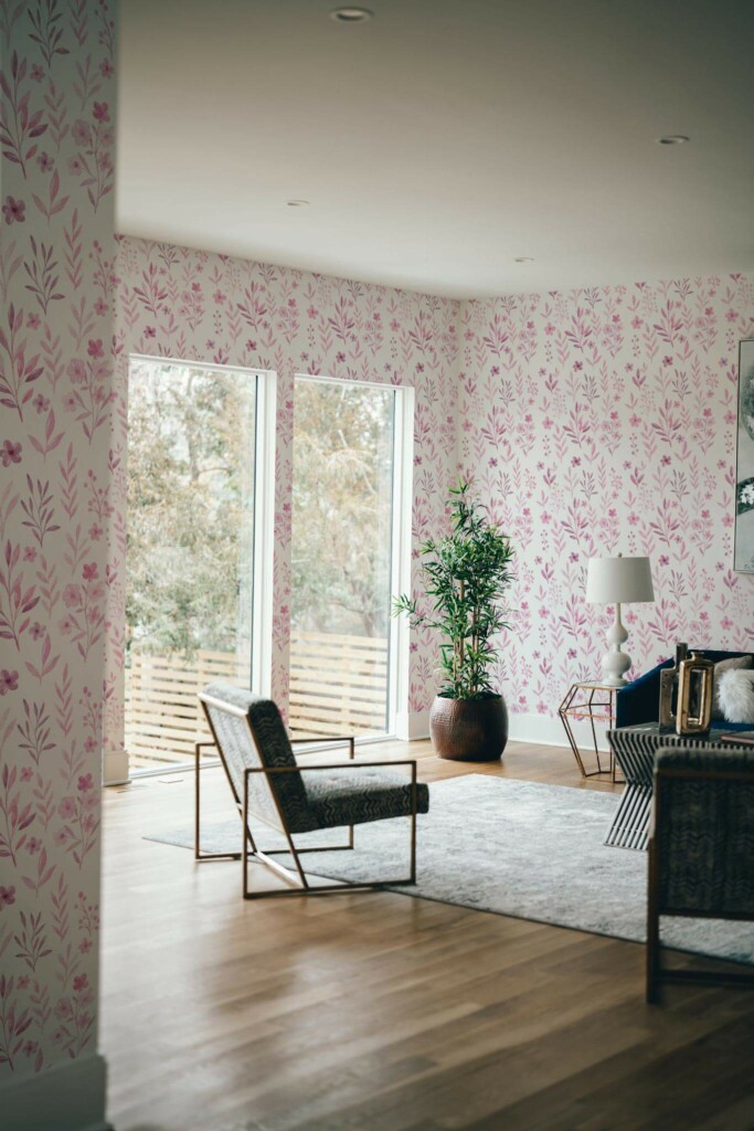 Modern style living room decorated with Pink watercolor flowers peel and stick wallpaper