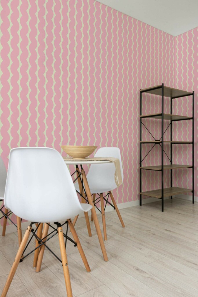 Minimalist style dining room decorated with Pink waves peel and stick wallpaper