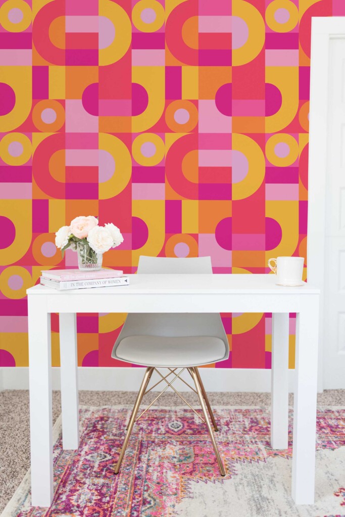 Tangerine pink color blocks and curves from Fancy Walls removable wallpaper. Pinkk Bauhause Play wallpaper in home office minimalistic interior