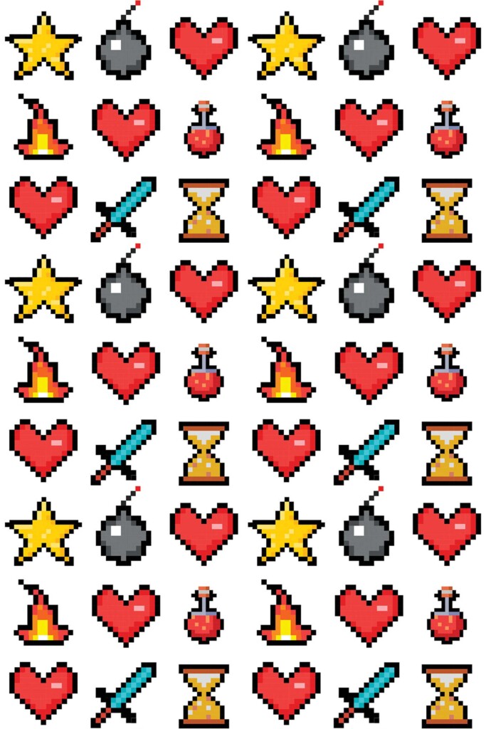 Fancy Walls removable wallpaper featuring swords hearts and fire in pixel style