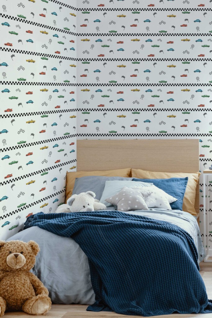 Traditional wallpaper featuring pixel race cars by Fancy Walls