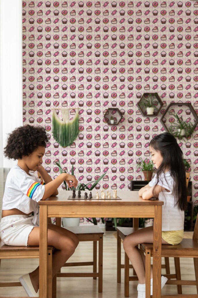 Peel and stick wallpaper by Fancy Walls in pink with pixel cakes