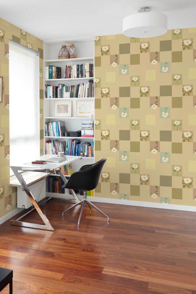 Peel and stick wallpaper with mustard pixel floral pattern by Fancy Walls