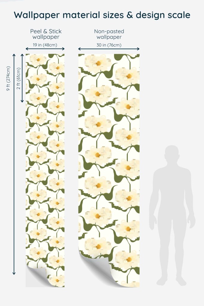 Fancy Walls self-adhesive wallpaper with botanical pixel flowers in yellow