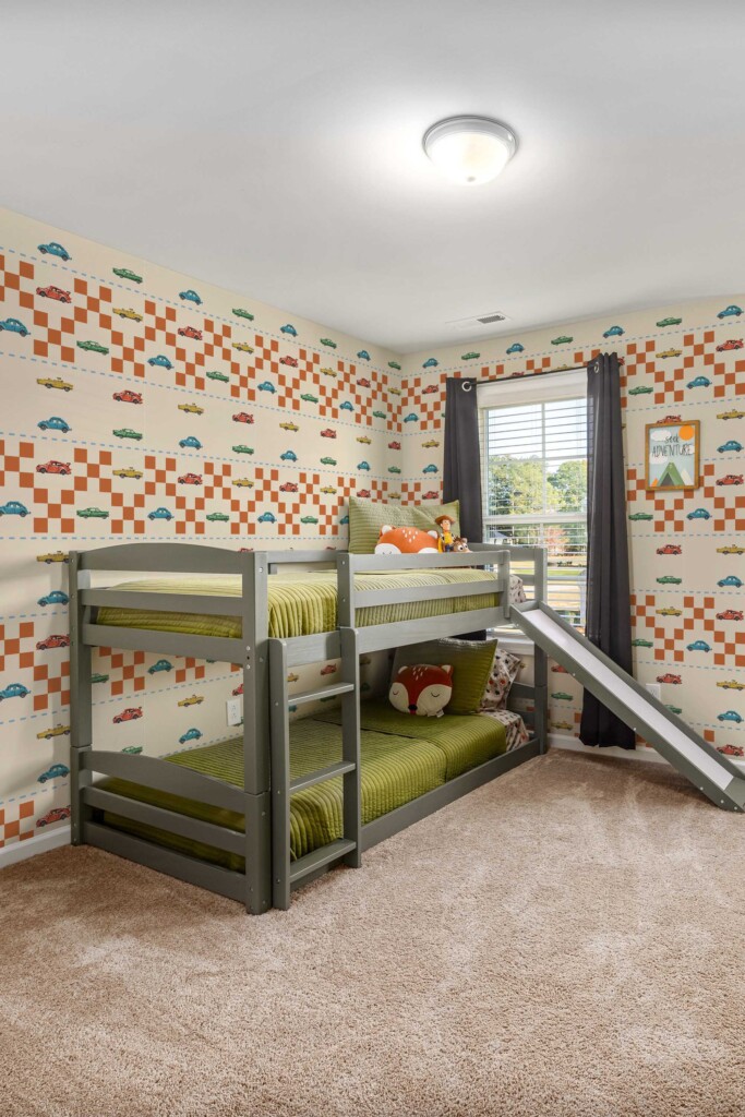 Speed Track wallpaper peel and stick or non-pasted. Fancy Walls self-adhesive or teaditional kids room wallpaper in beige color with speed track, check, finish line and race cars