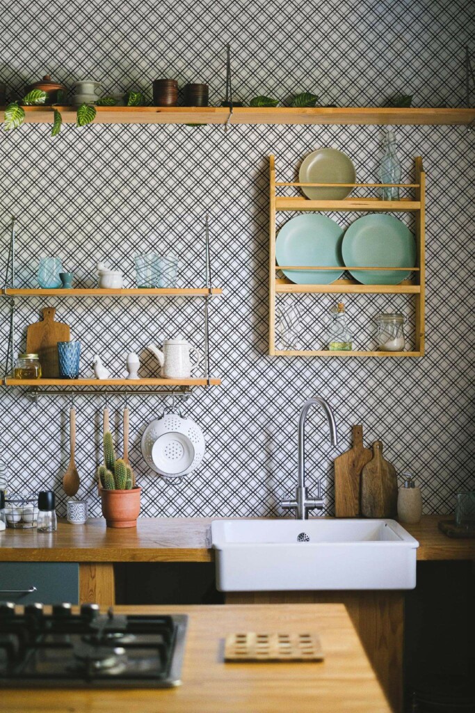 Rustic farmhouse style kitchen decorated with Plaid peel and stick wallpaper