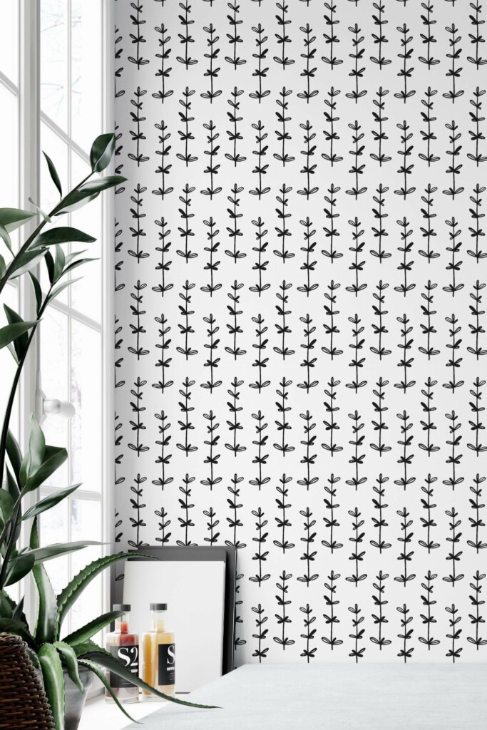 Minimal style home office decorated with Plant pattern peel and stick wallpaper