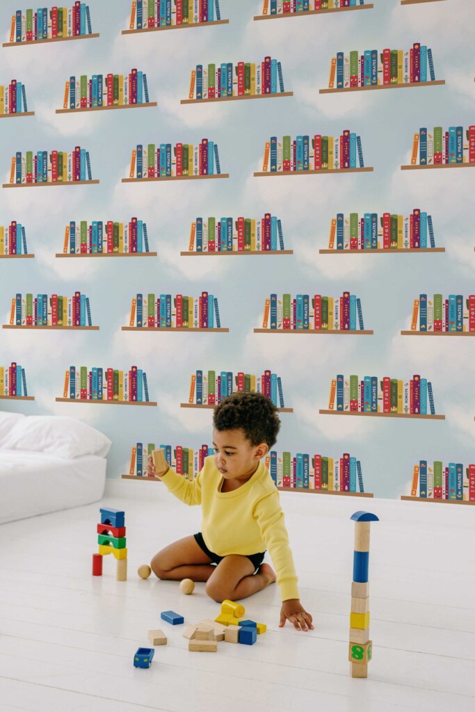Traditional wallpaper design of colorful bookshelves by Fancy Walls