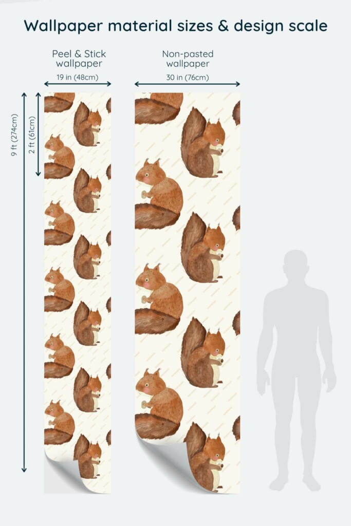 Size comparison of Playful Forest Frolic Peel & Stick and Non-pasted wallpapers with design scale relative to human figure