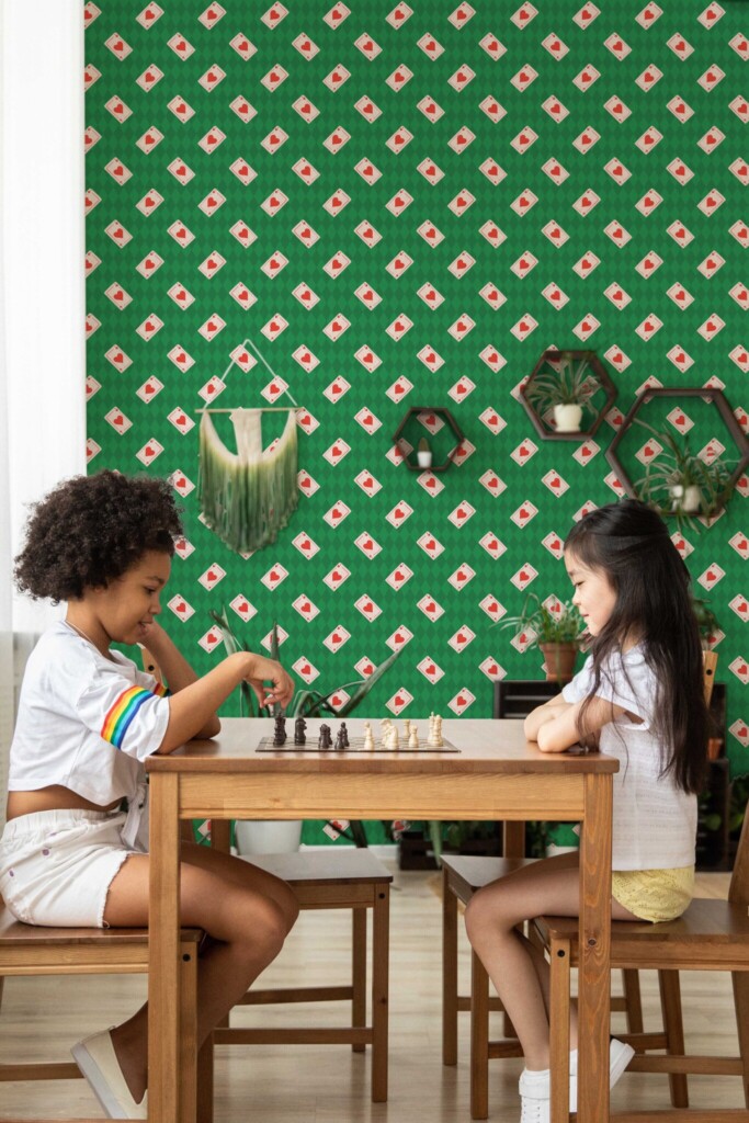 Fancy Walls removable wallpaper with playful green diamond and flying cards