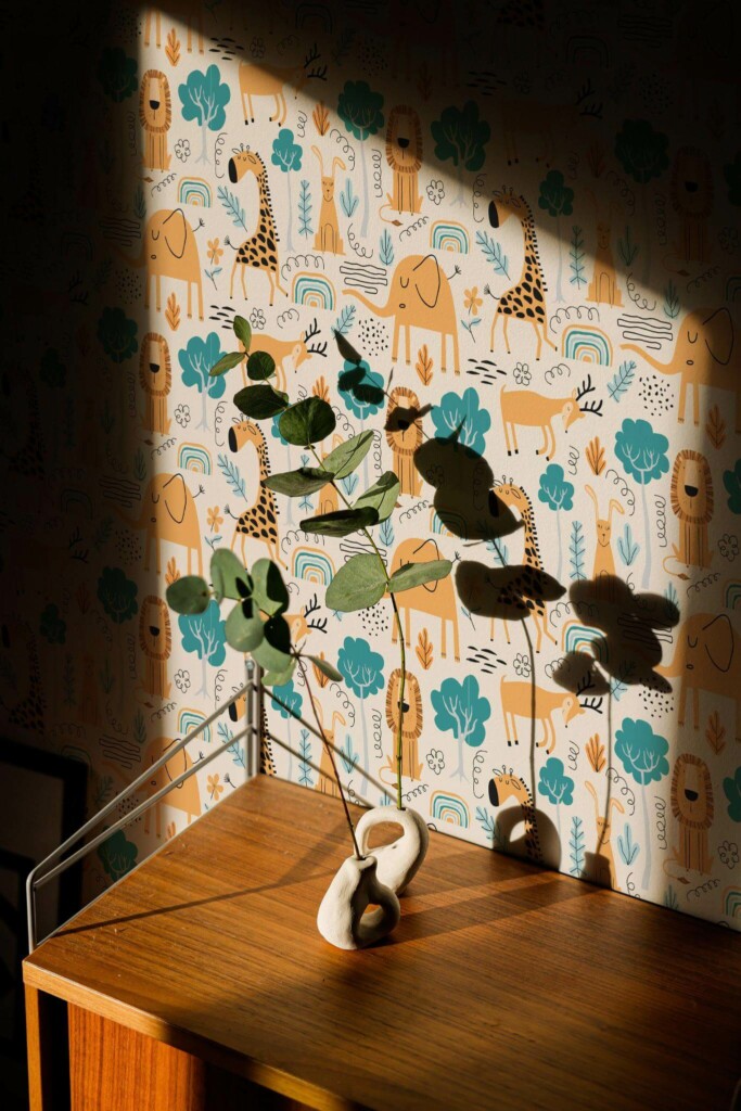 Mid-century style living room decorated with Playroom kids peel and stick wallpaper