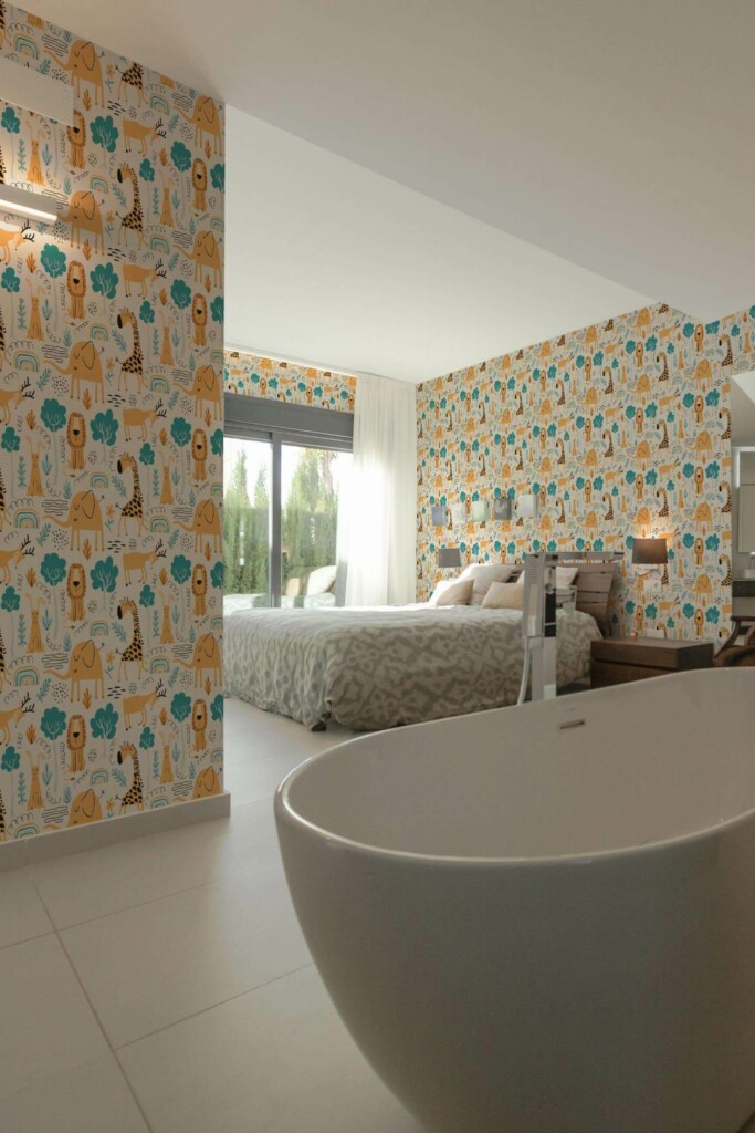 Modern style bedroom with open bathroom decorated with Playroom kids peel and stick wallpaper