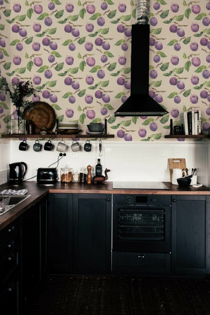 Dark industrial style kitchen decorated with Plum peel and stick wallpaper