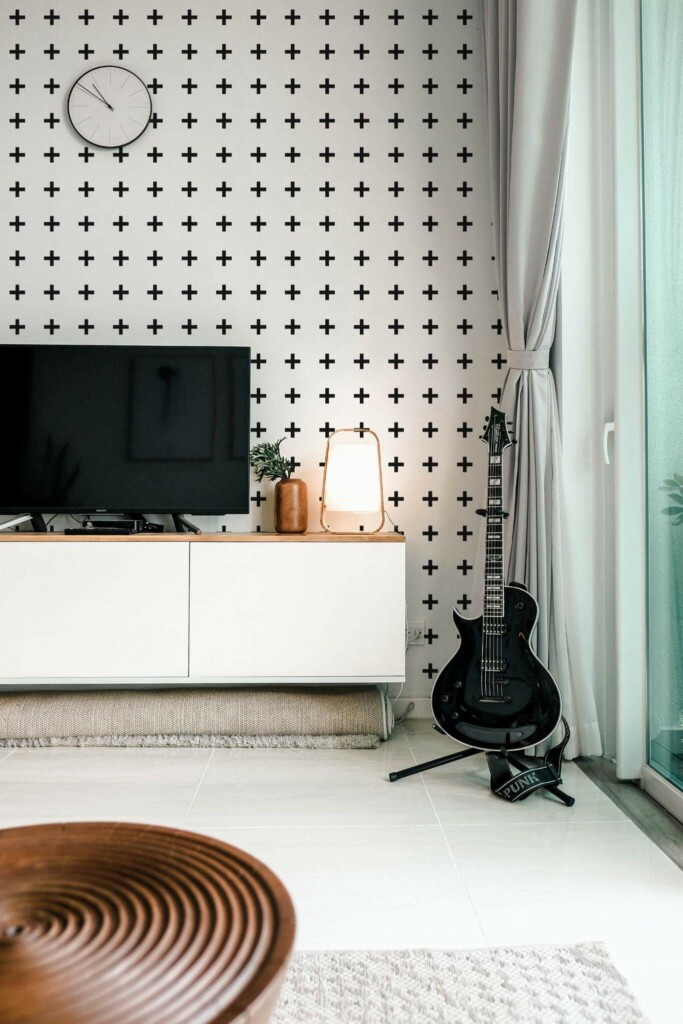 Scandinavian style music room decorated with Plus sign peel and stick wallpaper