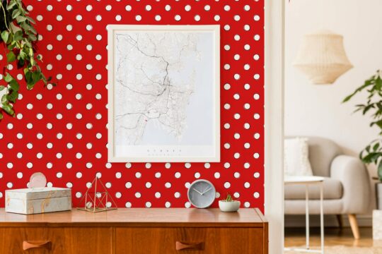 Retro red and white polka dot peel stick wallpaper