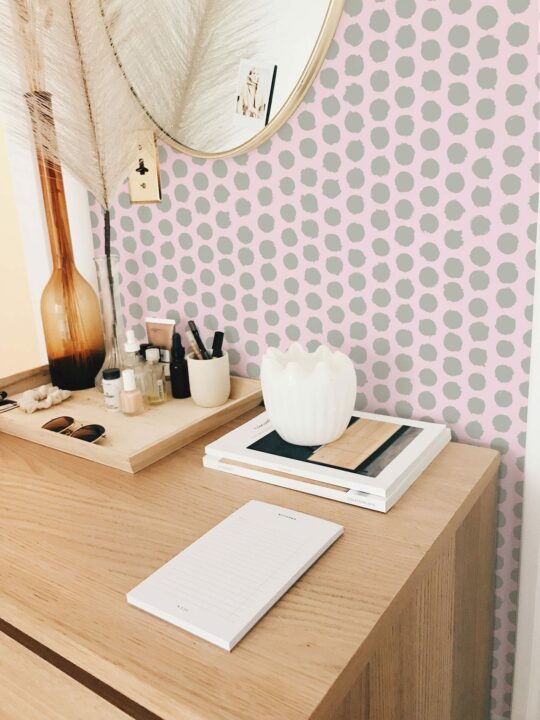 Pink and gray brushstroke polka dot wallpaper for walls
