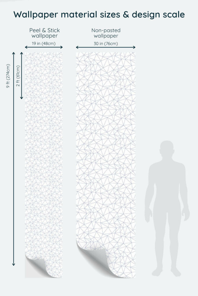 Size comparison of Polygon Peel & Stick and Non-pasted wallpapers with design scale relative to human figure