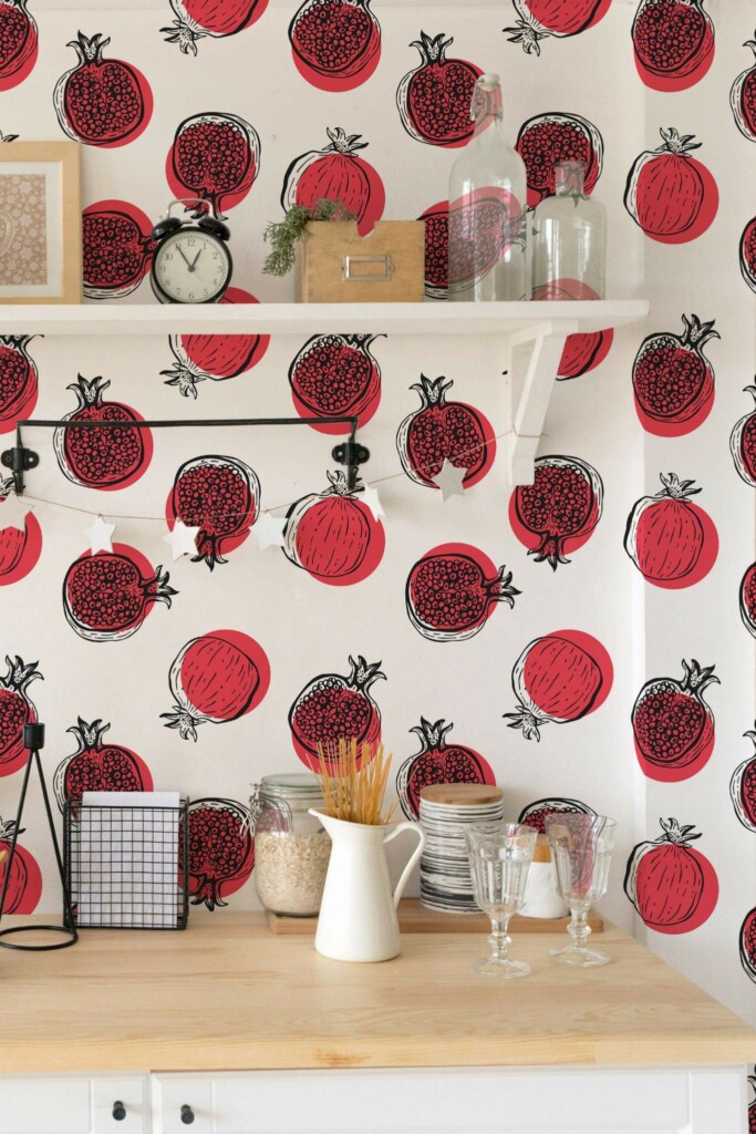Light farmhouse style kitchen decorated with Pomegranate peel and stick wallpaper