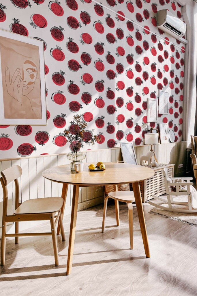 Modern boho style dining living room decorated with Pomegranate peel and stick wallpaper