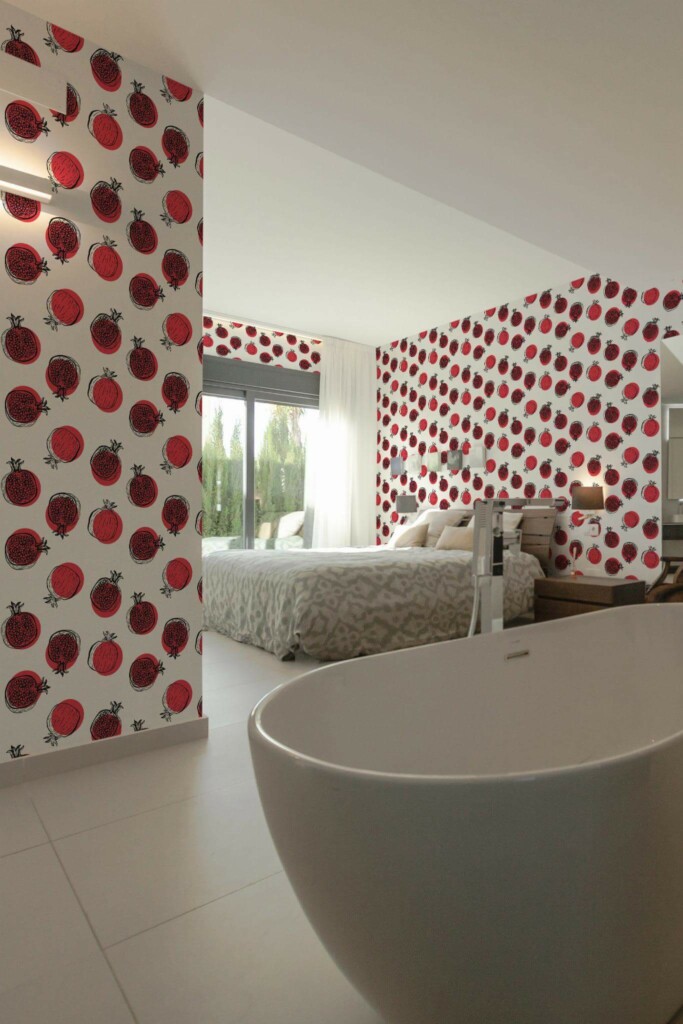 Modern style bedroom with open bathroom decorated with Pomegranate peel and stick wallpaper