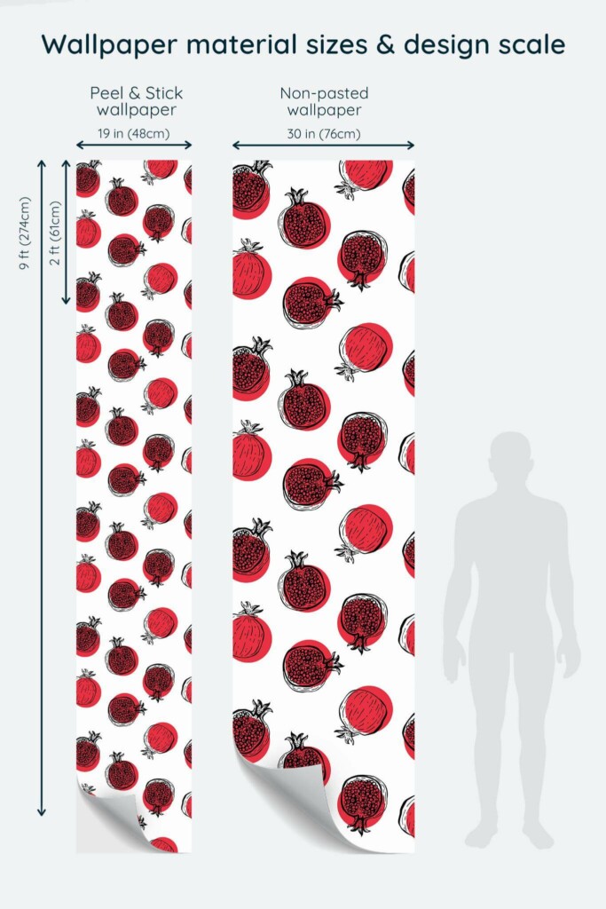 Size comparison of Pomegranate Peel & Stick and Non-pasted wallpapers with design scale relative to human figure
