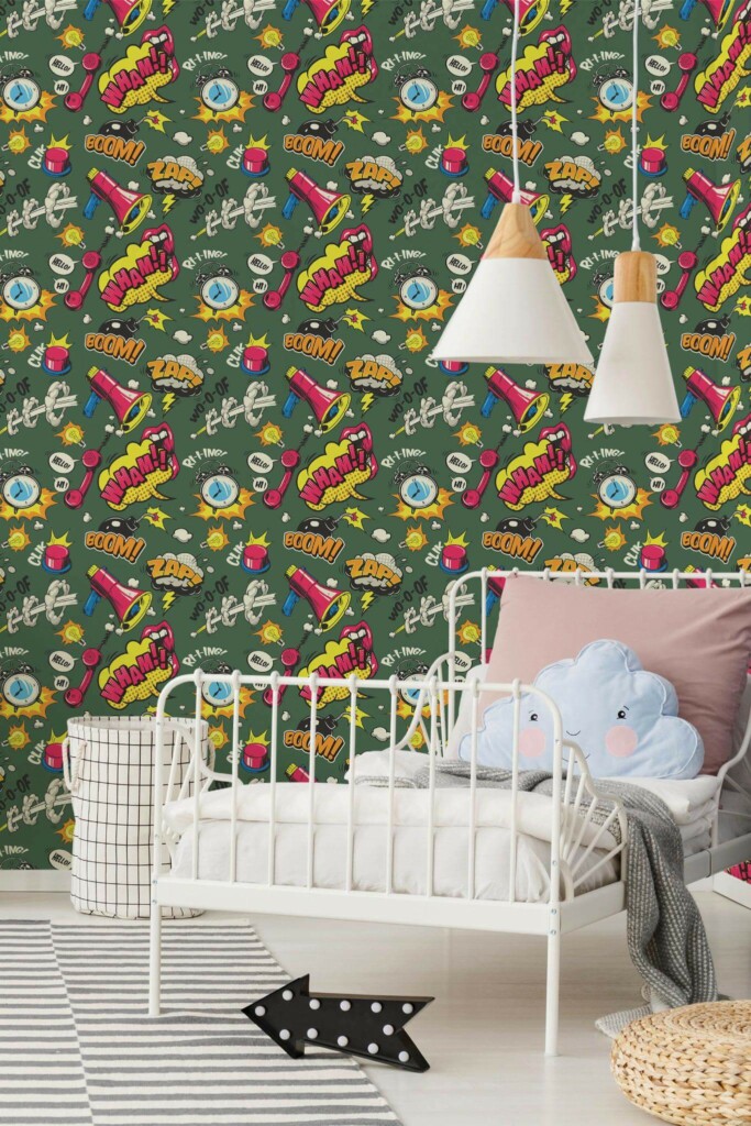 Bohemian style kids room decorated with Pop art peel and stick wallpaper