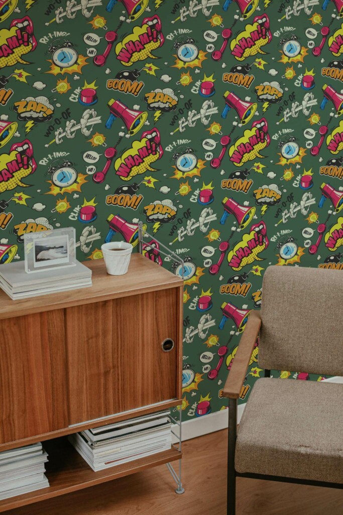 Mid-century style living room decorated with Pop art peel and stick wallpaper