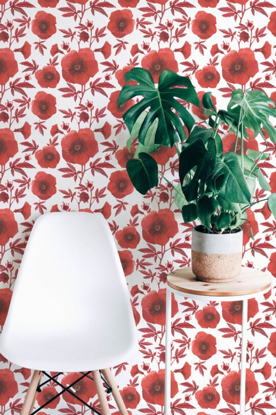 Red poppy peel and stick removable wallpaper