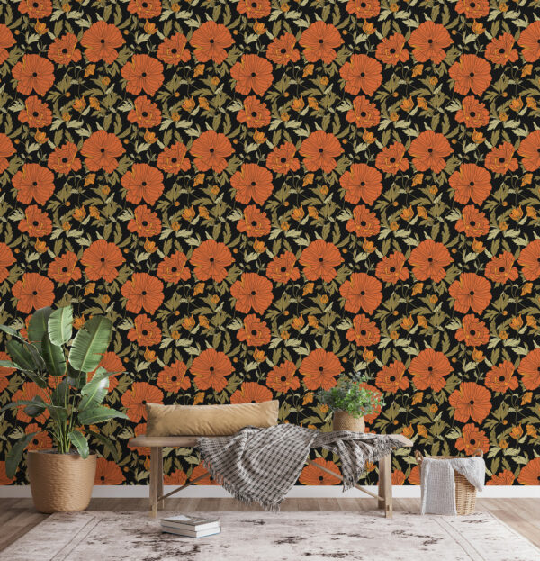 floral red and black traditional wallpaper
