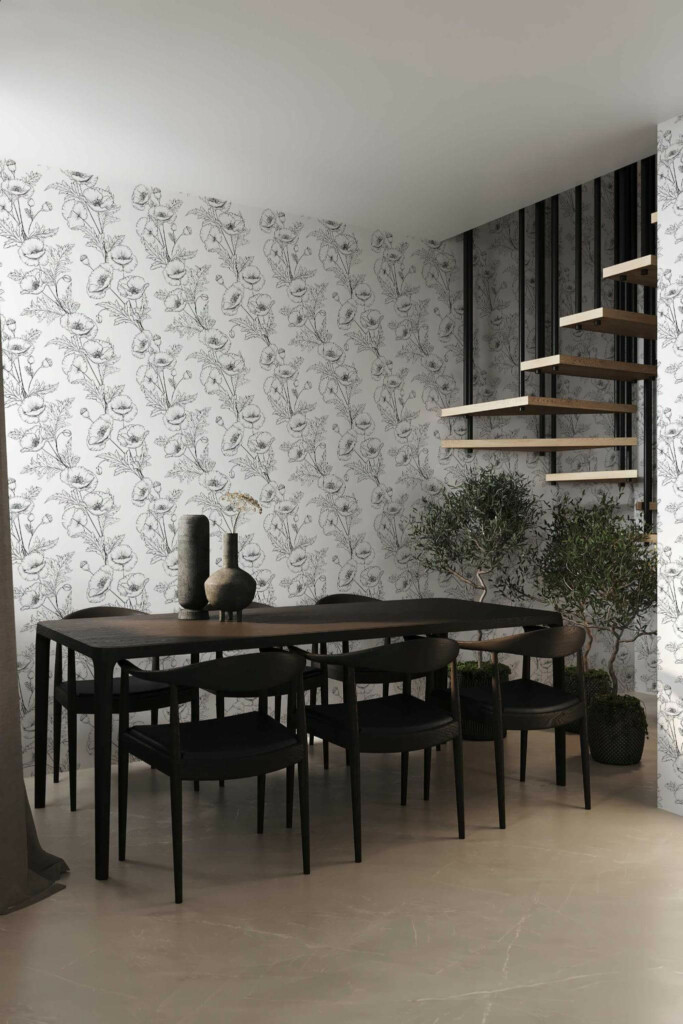 Modern industrial style dining room decorated with Poppy peel and stick wallpaper