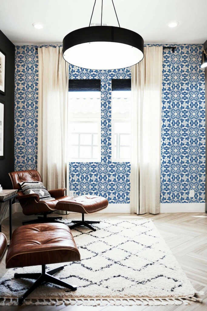 MId-century modern style living room decorated with Portugese tile peel and stick wallpaper