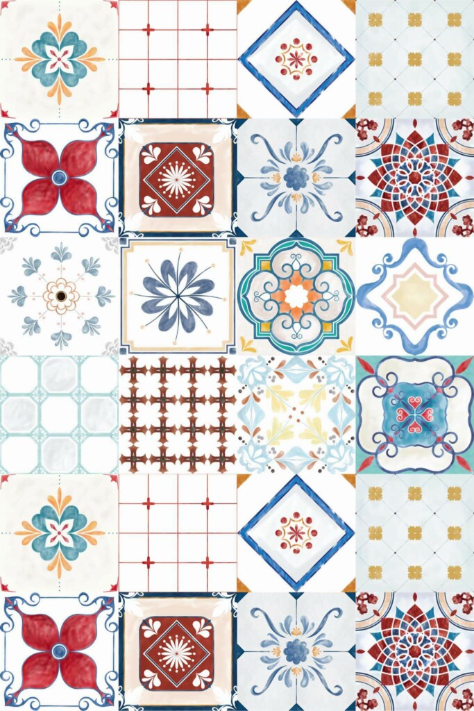 Pattern repeat of Portuguese tile removable wallpaper design