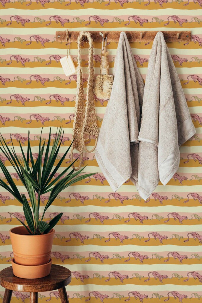 Boho style bathroom decorated with Preppy leopard pattern peel and stick wallpaper