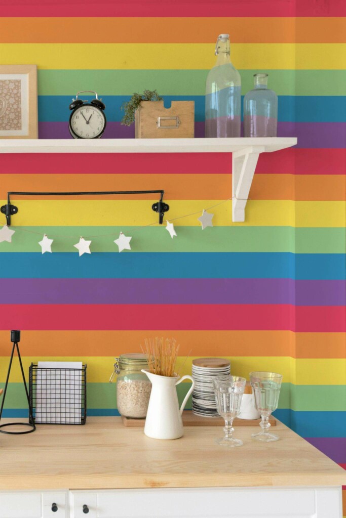 Light farmhouse style kitchen decorated with Pride flag peel and stick wallpaper