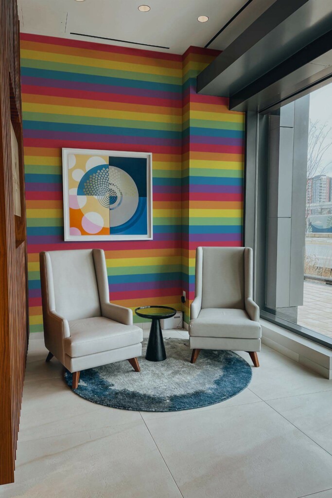 Mid-century-modern style living room decorated with Pride flag peel and stick wallpaper