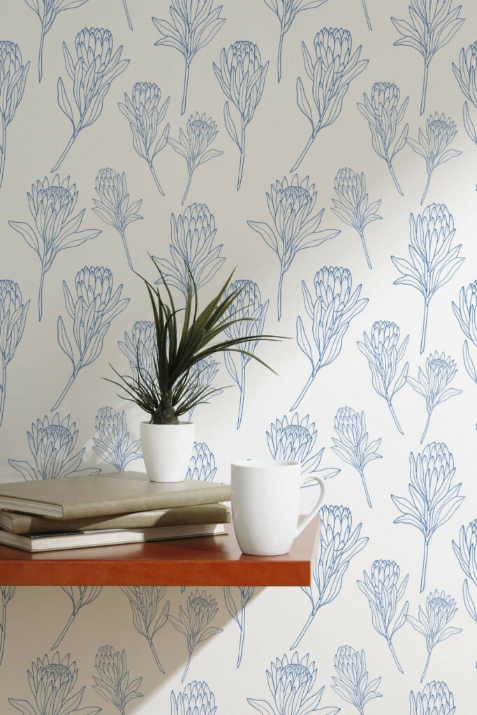 Scandinavian style accent wall decorated with Protea flower peel and stick wallpaper