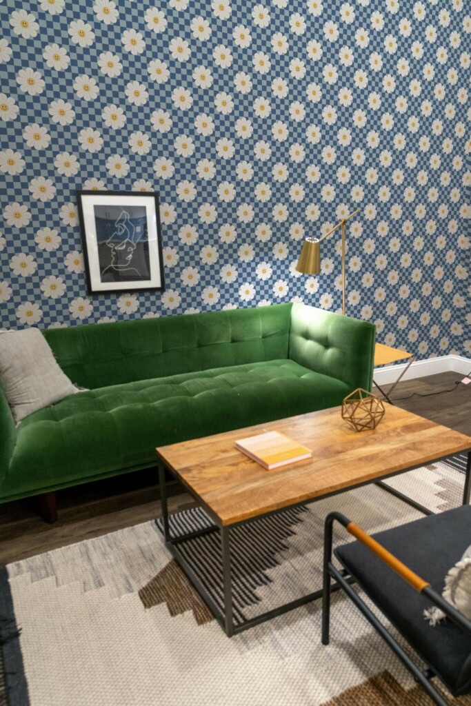 Mid-century modern living room decorated with Psychedelic floral peel and stick wallpaper and forest green sofa