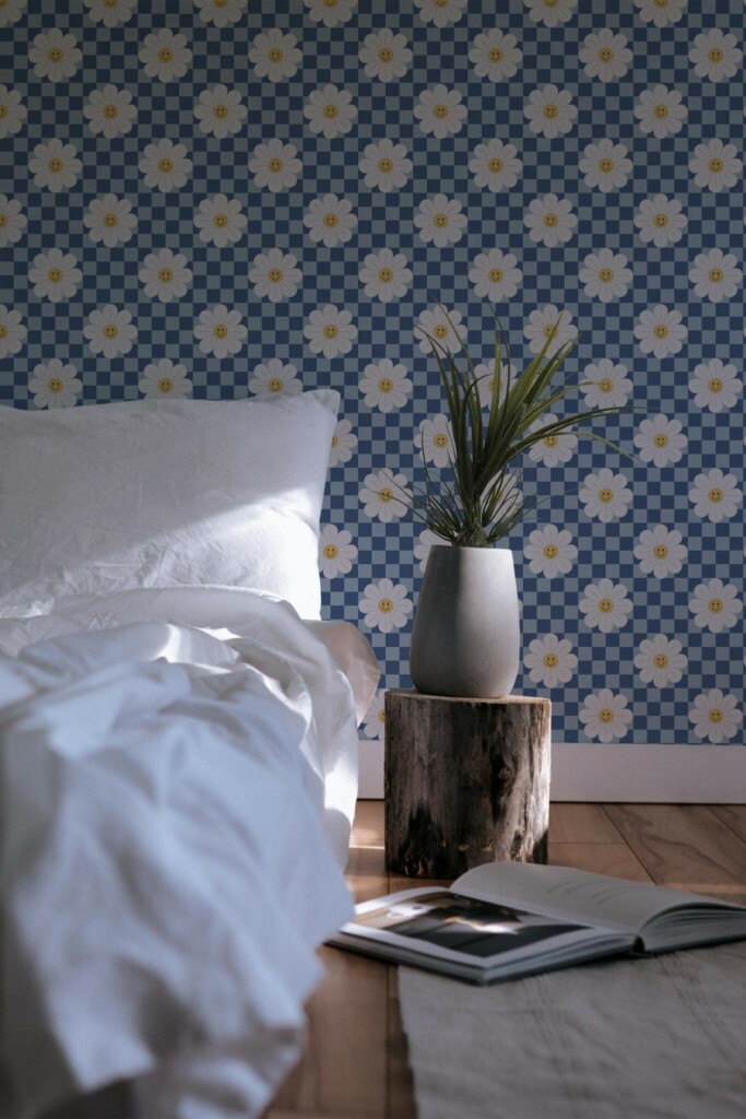 Minimal scandinavian style bedroom decorated with Psychedelic floral peel and stick wallpaper