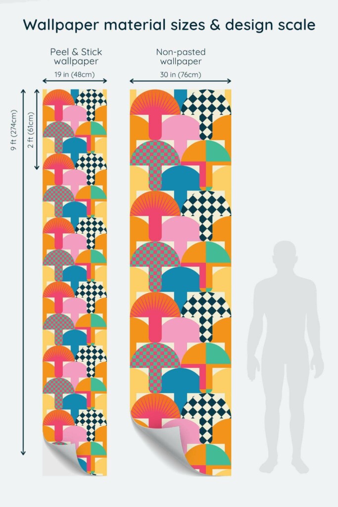 Size comparison of Psychedelic Shroom Spectrum Peel & Stick and Non-pasted wallpapers with design scale relative to human figure