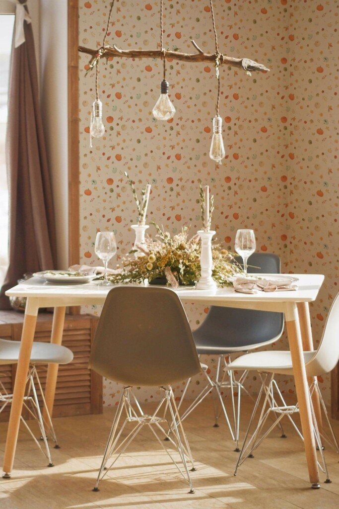 Modern boho style dining room decorated with Pumpkin pattern peel and stick wallpaper
