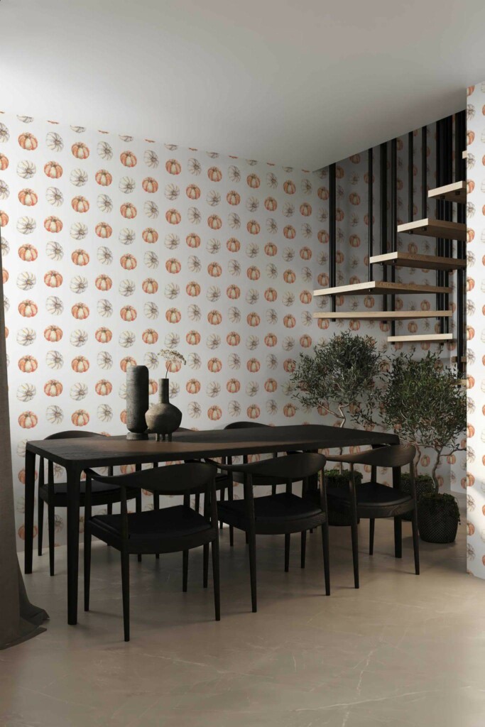 Modern industrial style dining room decorated with Pumpkin peel and stick wallpaper