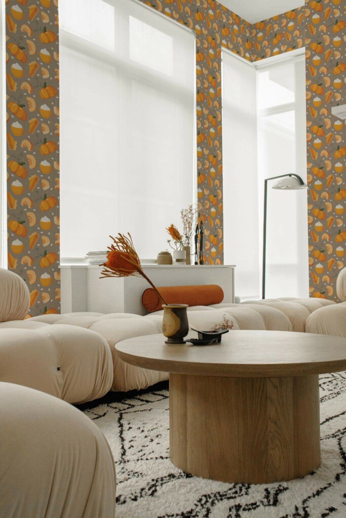 Contemporary style living room decorated with Pumpkin spice autumn peel and stick wallpaper